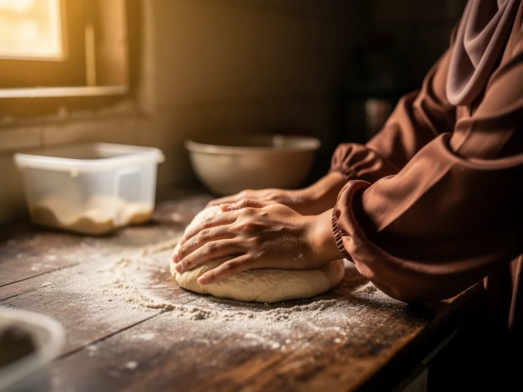 Two hijab-sleeved hands knead soft dough on a flour-dusted wooden counter, warm side window light spilling across.