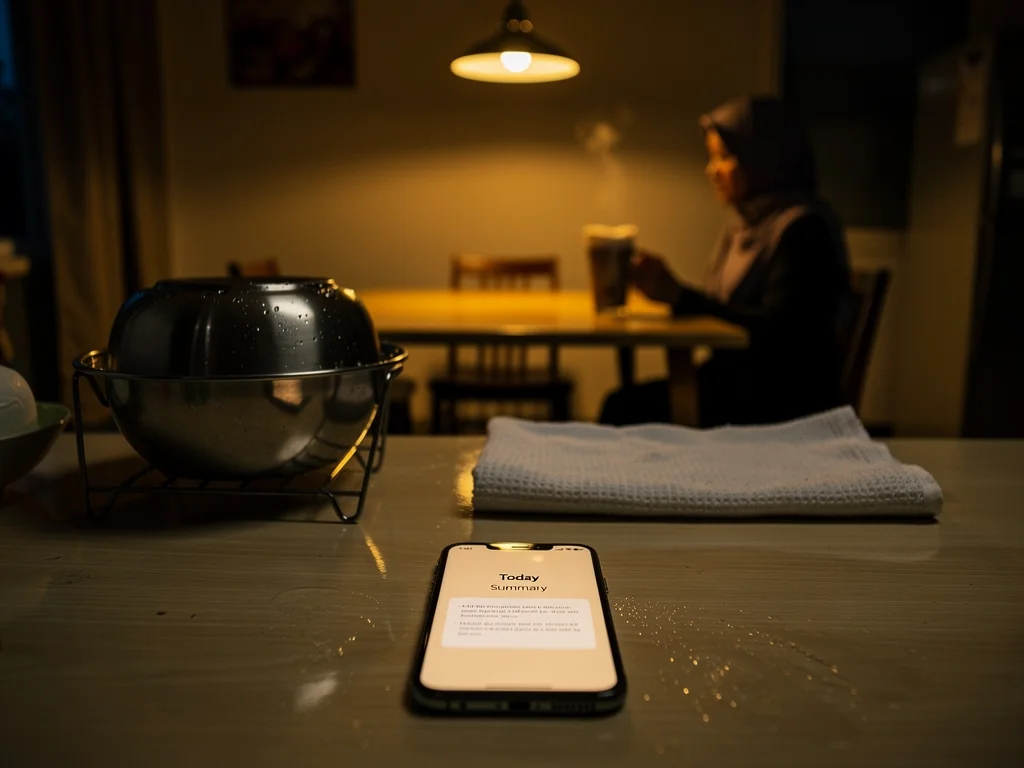 A clean wooden counter with a phone face-up showing a soft summary card; a hijab-wearing woman at a dining table with teh tarik in warm light.