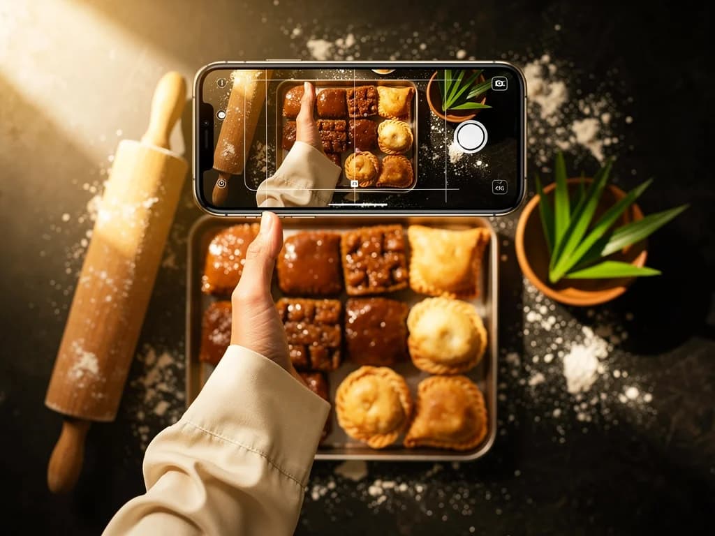 Top-down view of a hand holding a smartphone over a flour-dusted counter, framing a tray of brown sugar kuih and karipap.