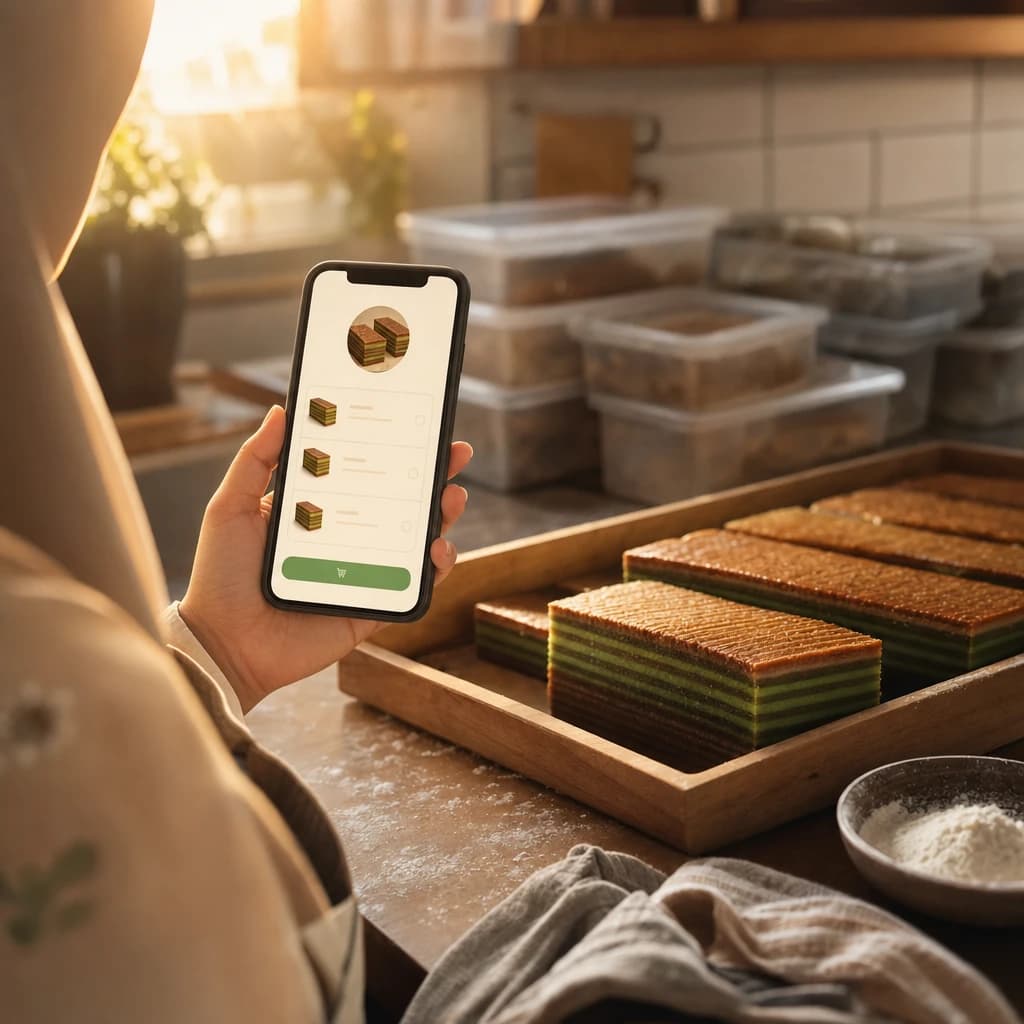 A Malaysian home seller's hand holds a smartphone showing a clean shop page beside a tray of freshly baked kuih lapis on a flour-dusted counter at golden hour.
